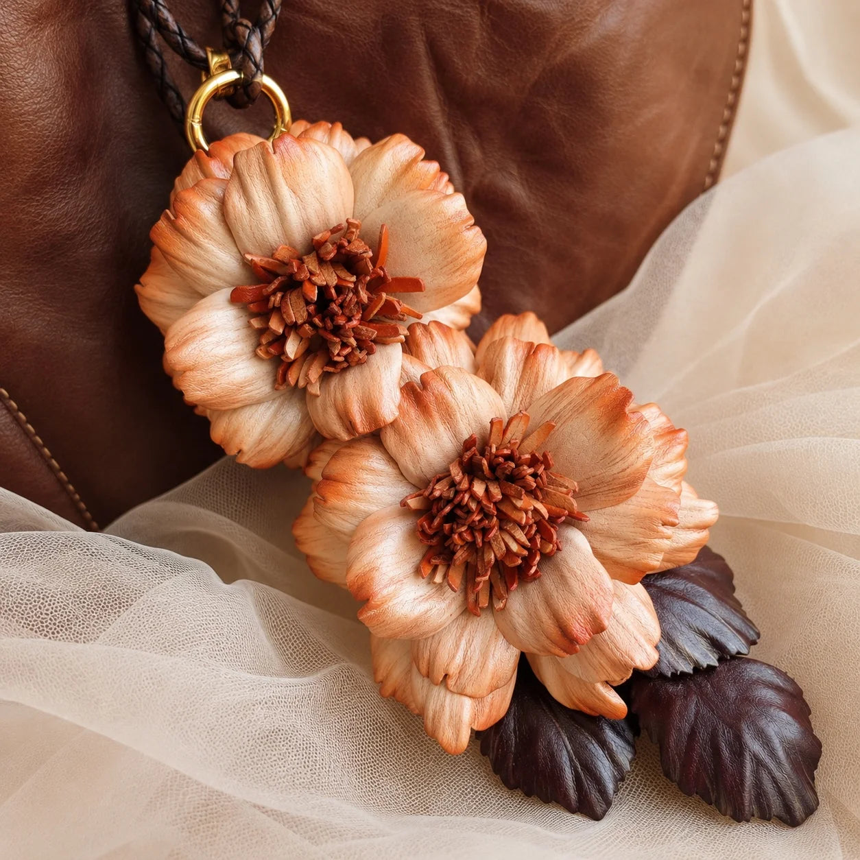 Peony Reverie Leather Floral Bag Charm – Handmade Sculpted Leather Peony Pendant | Premium Handbag & Necklace Accessory