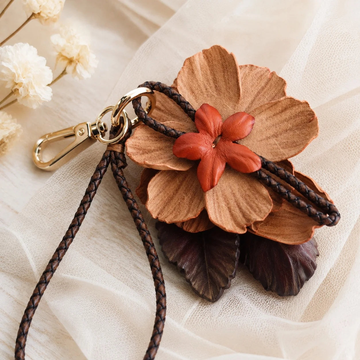 Peony Reverie Leather Floral Bag Charm – Handmade Sculpted Leather Peony Pendant | Premium Handbag & Necklace Accessory