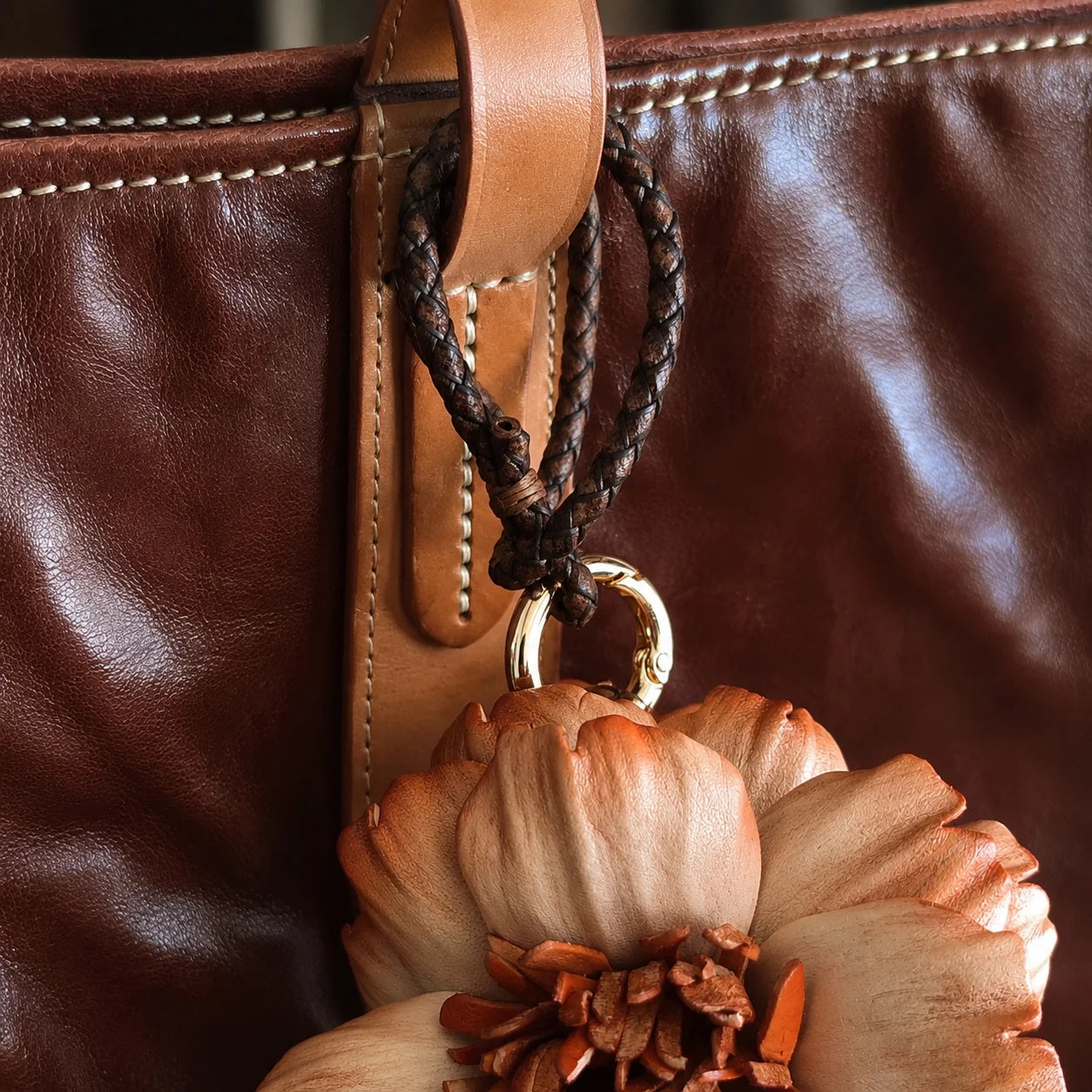 Peony Reverie Leather Floral Bag Charm – Handmade Sculpted Leather Peony Pendant | Premium Handbag & Necklace Accessory