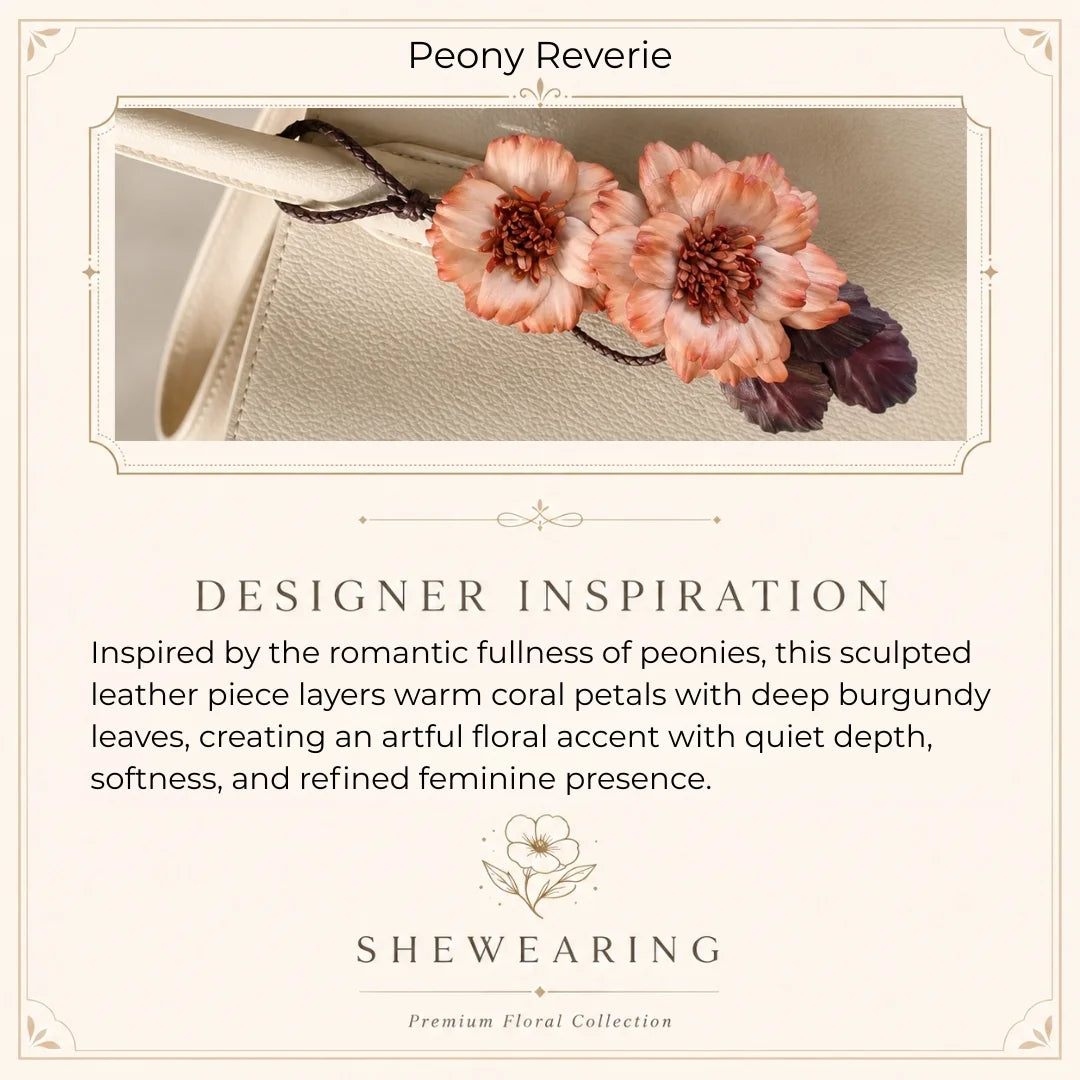 Peony Reverie Leather Floral Bag Charm – Handmade Sculpted Leather Peony Pendant | Premium Handbag & Necklace Accessory