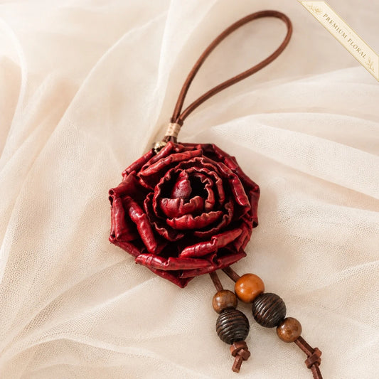 Heritage Rose Leather Floral Bag Charm – Handmade Sculpted Rose Pendant | Premium Handbag & Necklace Accessory