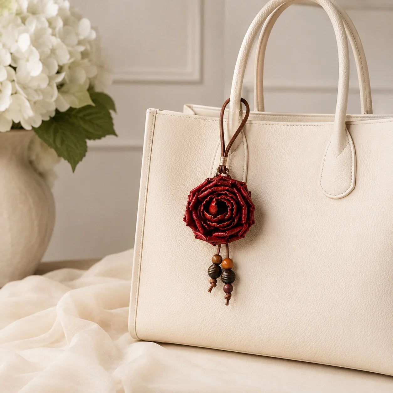 Heritage Rose Leather Floral Bag Charm – Handmade Sculpted Rose Pendant | Premium Handbag & Necklace Accessory