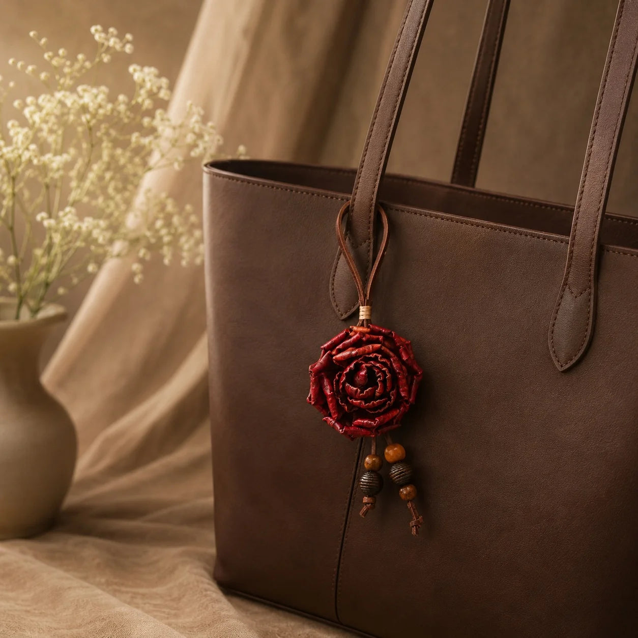 Heritage Rose Leather Floral Bag Charm – Handmade Sculpted Rose Pendant | Premium Handbag & Necklace Accessory