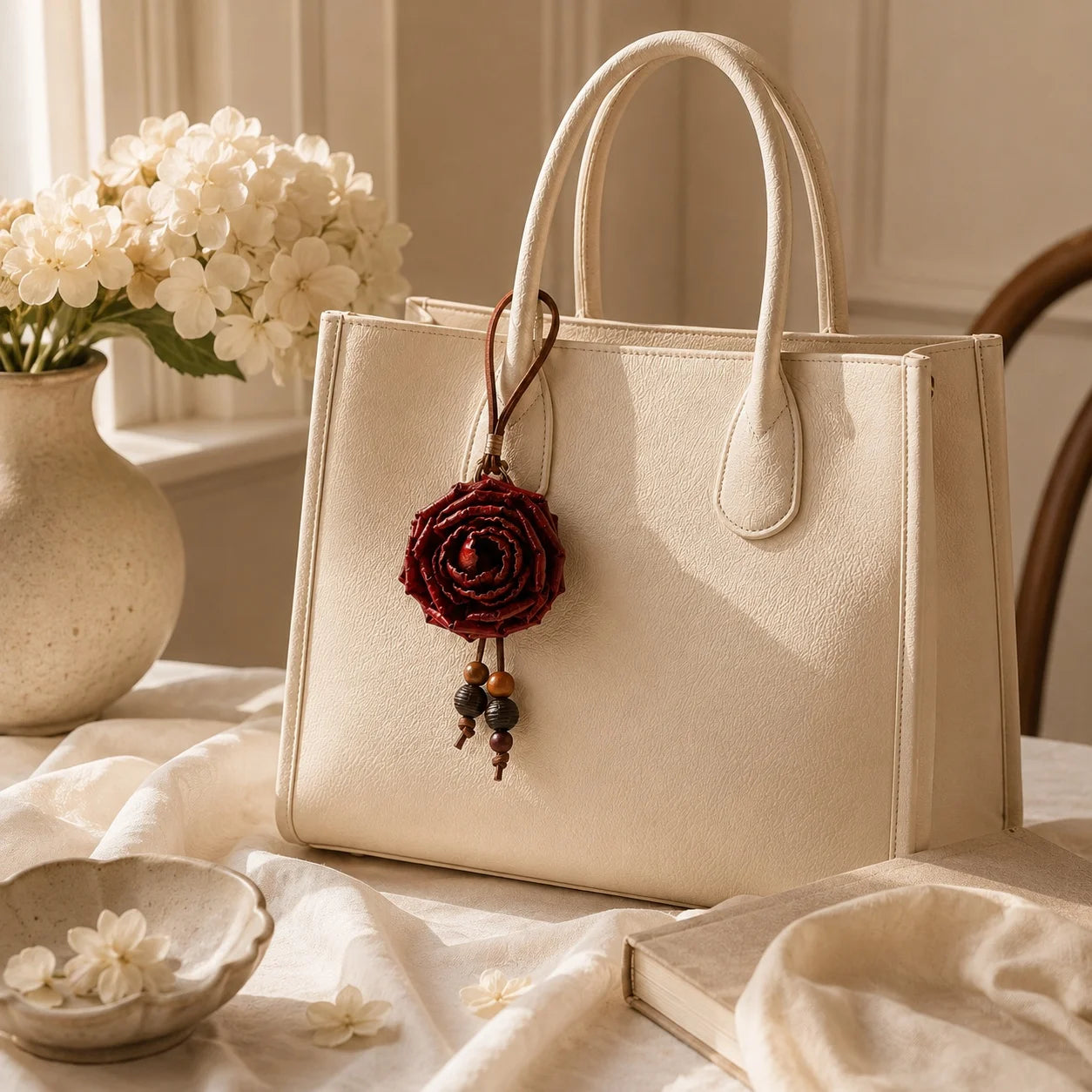 Heritage Rose Leather Floral Bag Charm – Handmade Sculpted Rose Pendant | Premium Handbag & Necklace Accessory
