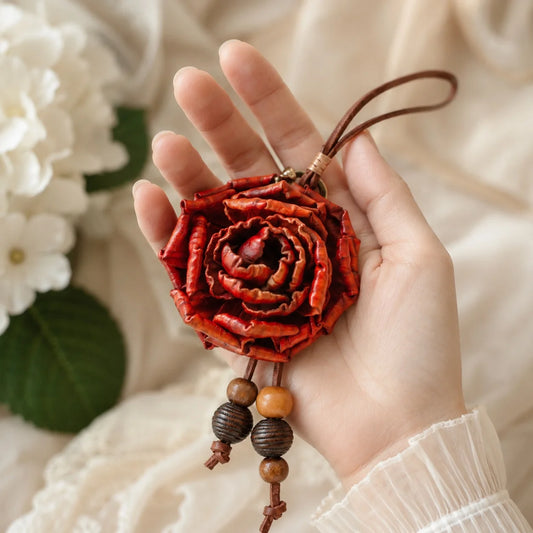 Heritage Rose Leather Floral Bag Charm – Handmade Sculpted Rose Pendant | Premium Handbag & Necklace Accessory
