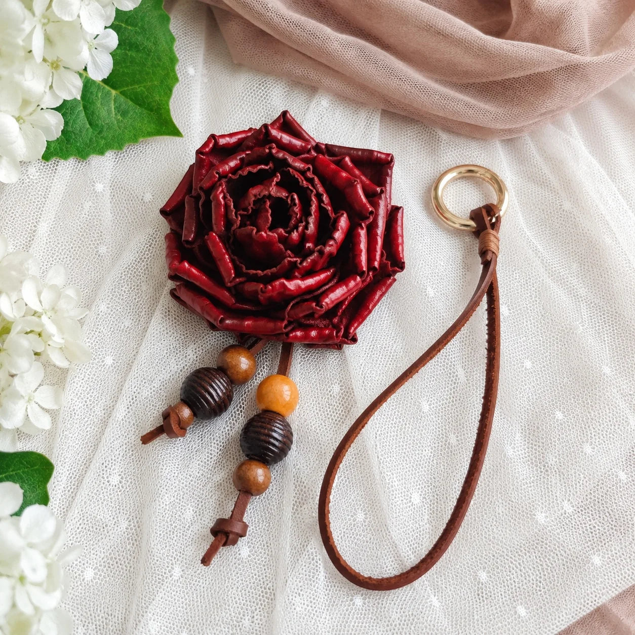 Heritage Rose Leather Floral Bag Charm – Handmade Sculpted Rose Pendant | Premium Handbag & Necklace Accessory