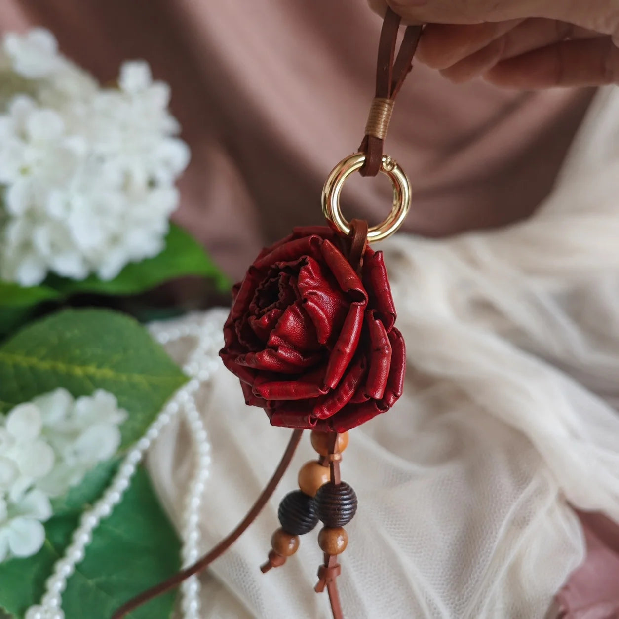 Heritage Rose Leather Floral Bag Charm – Handmade Sculpted Rose Pendant | Premium Handbag & Necklace Accessory