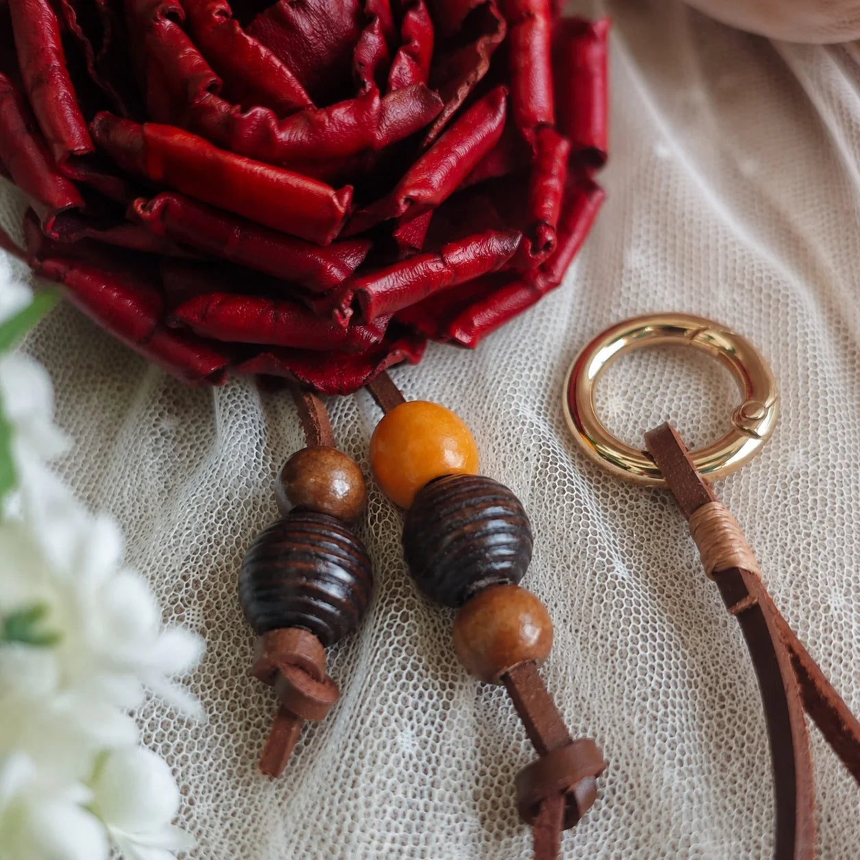 Heritage Rose Leather Floral Bag Charm – Handmade Sculpted Rose Pendant | Premium Handbag & Necklace Accessory