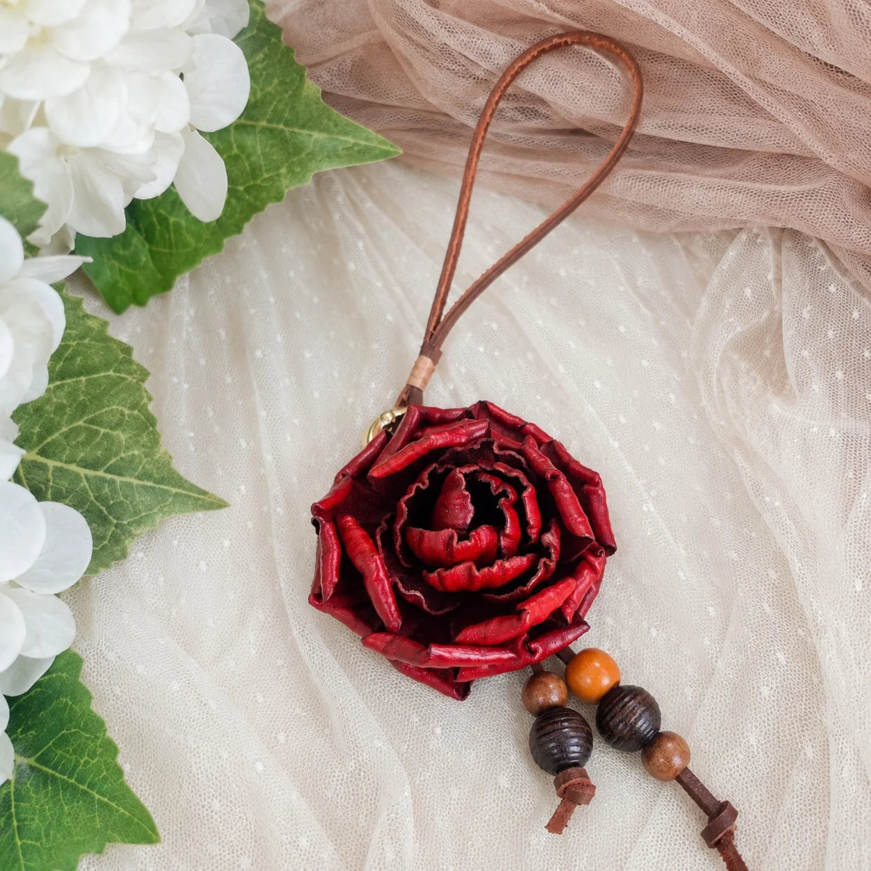 Heritage Rose Leather Floral Bag Charm – Handmade Sculpted Rose Pendant | Premium Handbag & Necklace Accessory