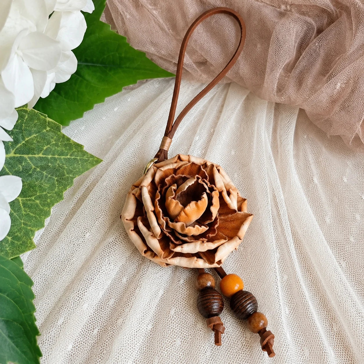 Heritage Rose Leather Floral Bag Charm – Handmade Sculpted Rose Pendant | Premium Handbag & Necklace Accessory