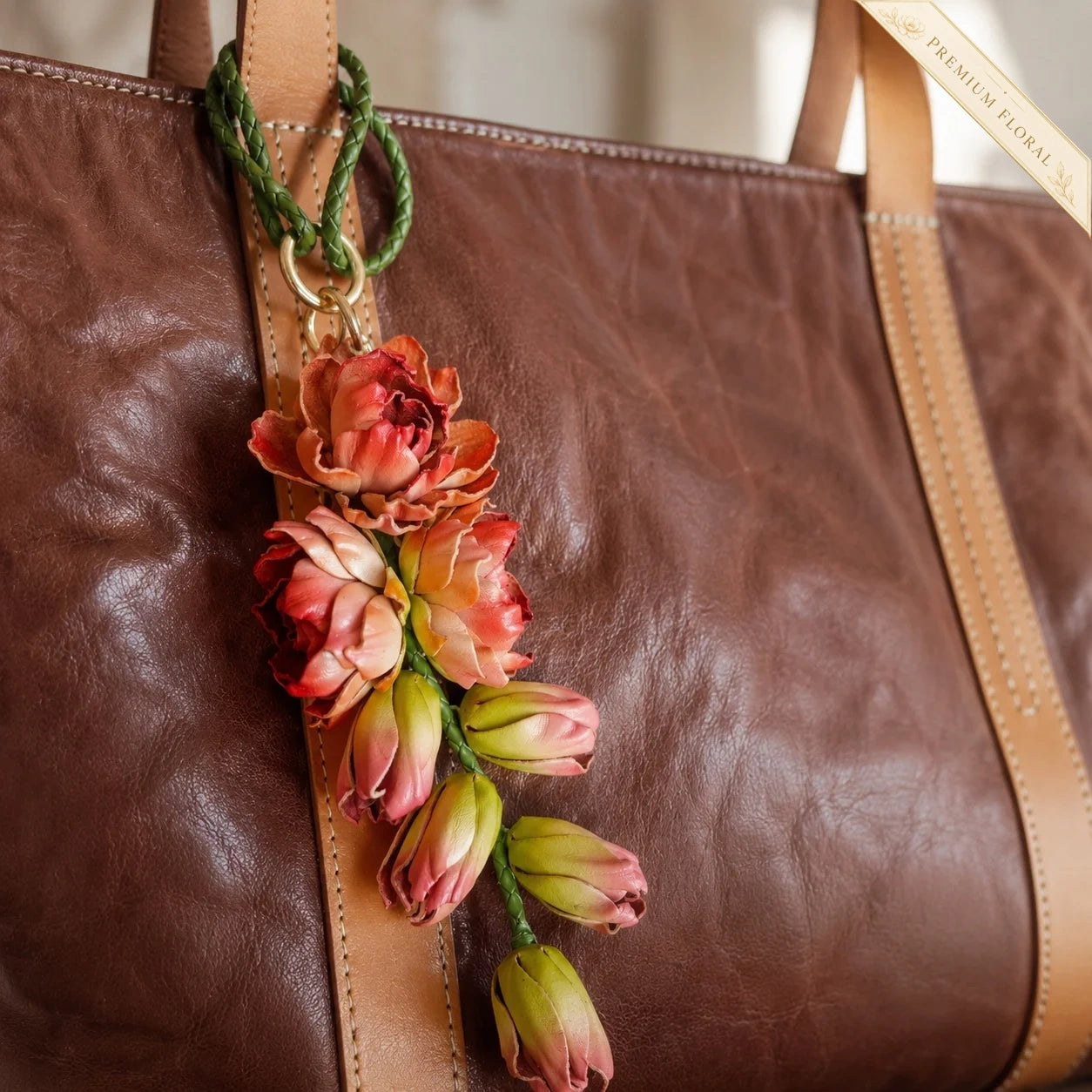 Moonlit Tuberose Leather Floral Bag Charm – Handmade Sculpted Leather Flower Pendant | Premium Handbag & Necklace Accessory