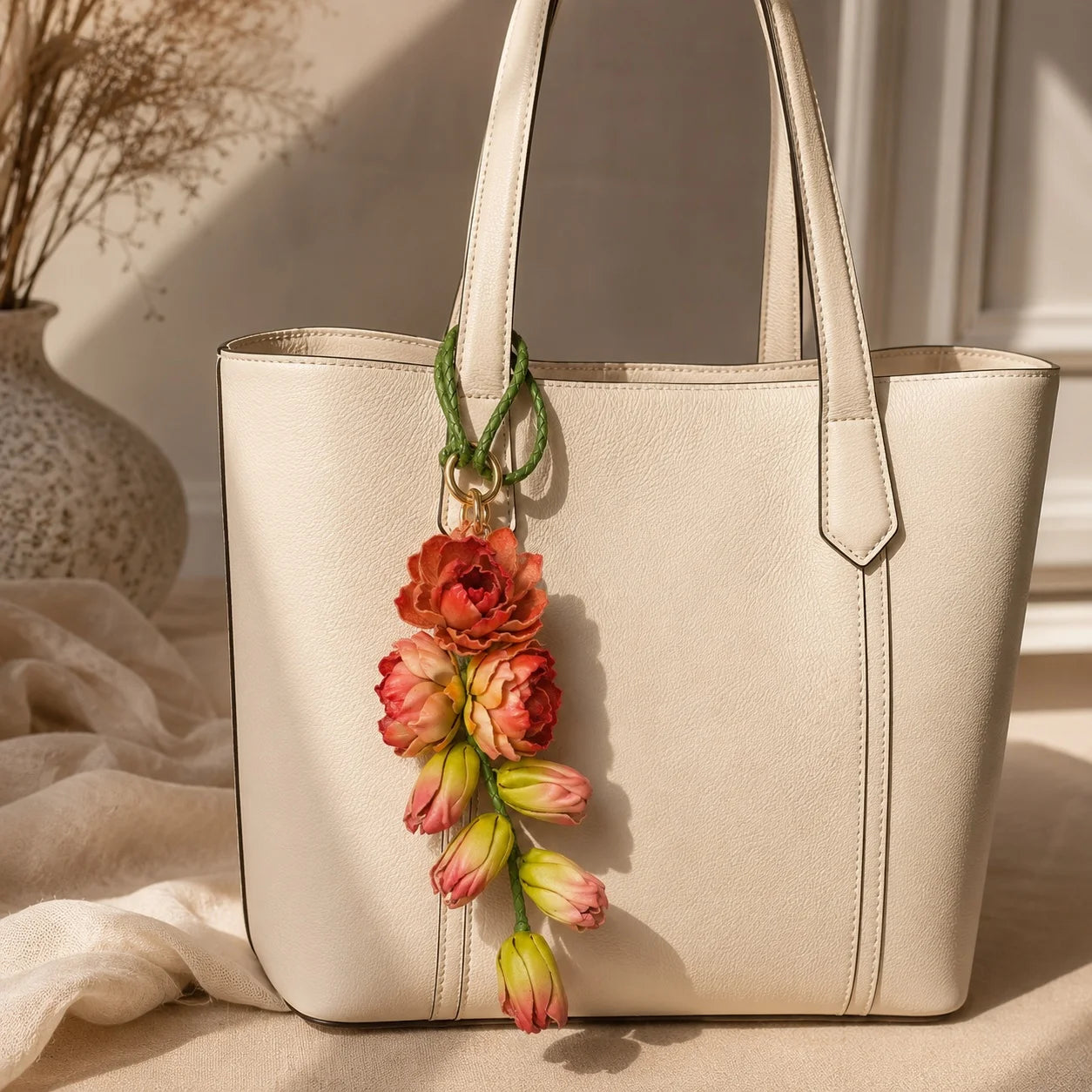 Moonlit Tuberose Leather Floral Bag Charm – Handmade Sculpted Leather Flower Pendant | Premium Handbag & Necklace Accessory