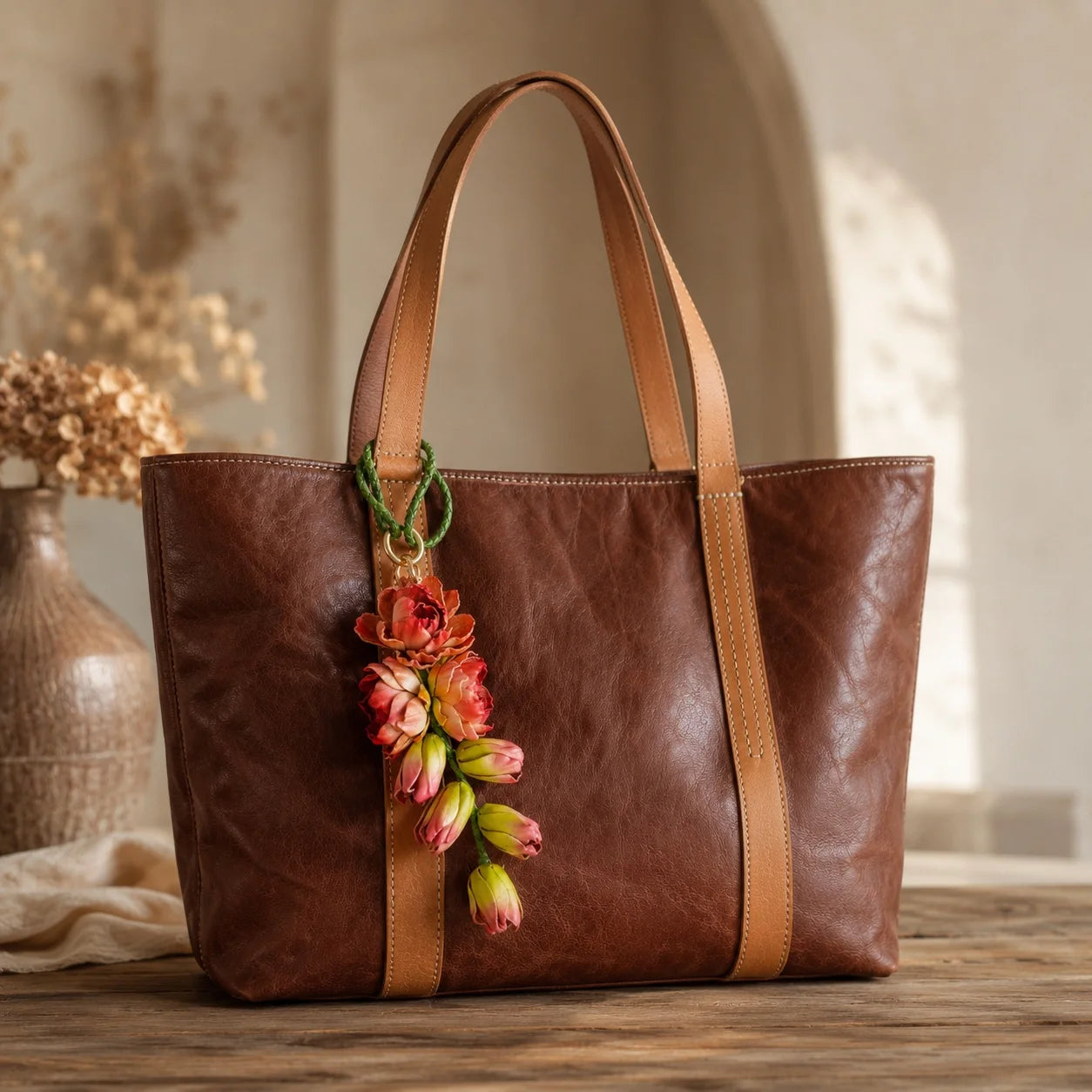 Moonlit Tuberose Leather Floral Bag Charm – Handmade Sculpted Leather Flower Pendant | Premium Handbag & Necklace Accessory