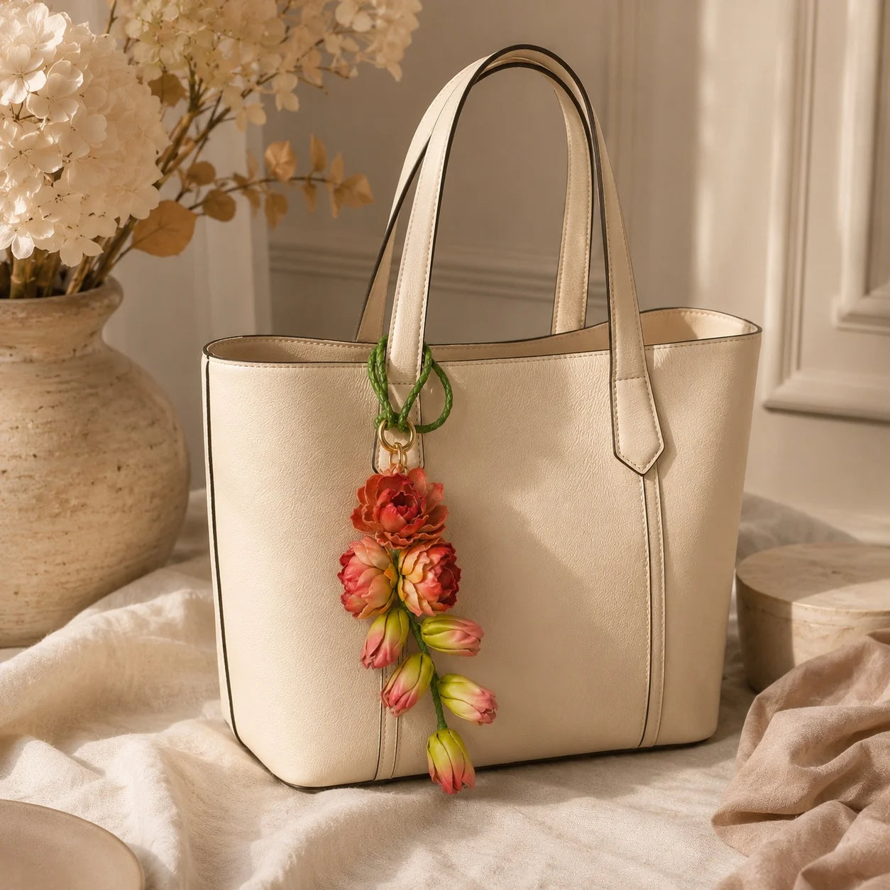 Moonlit Tuberose Leather Floral Bag Charm – Handmade Sculpted Leather Flower Pendant | Premium Handbag & Necklace Accessory