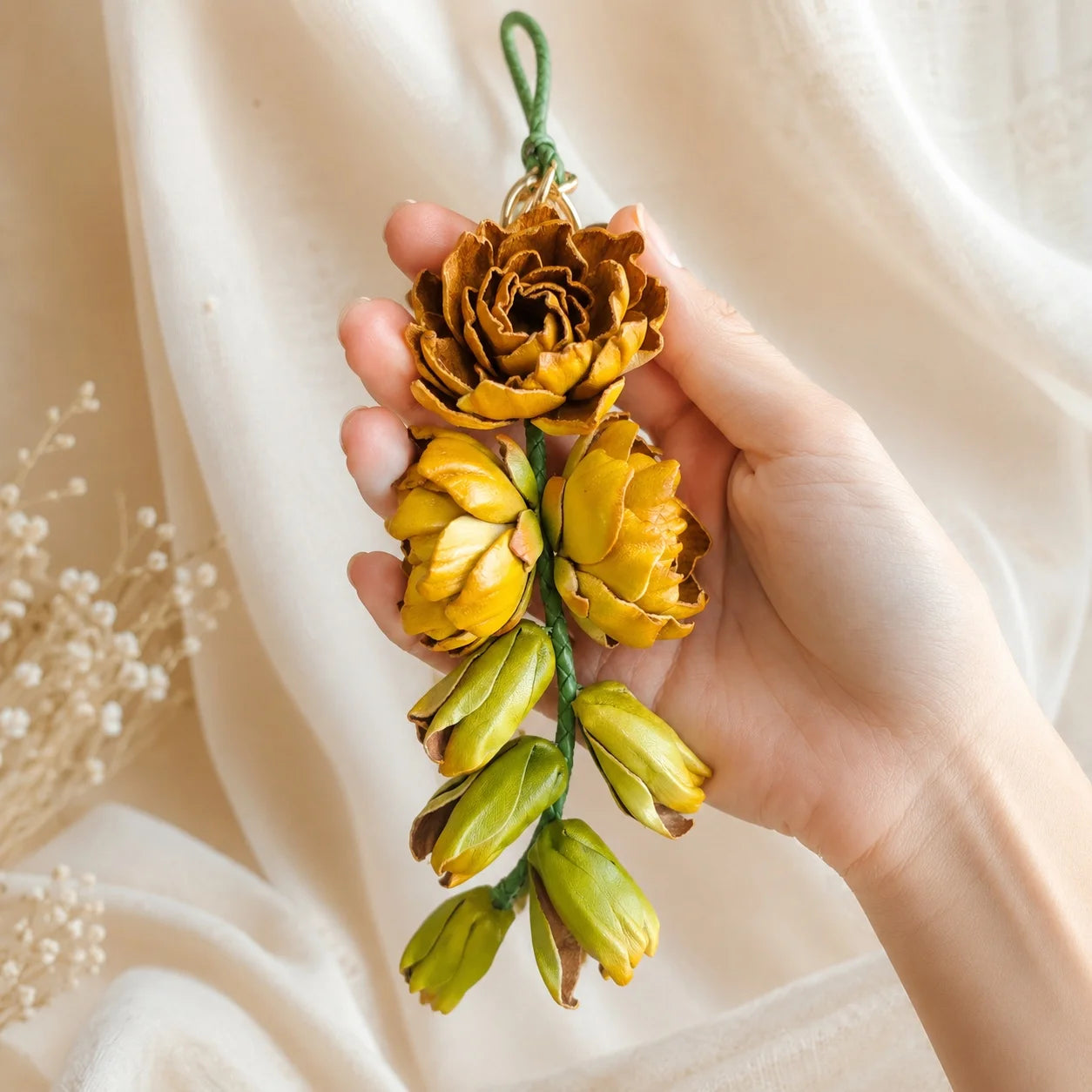 Moonlit Tuberose Leather Floral Bag Charm – Handmade Sculpted Leather Flower Pendant | Premium Handbag & Necklace Accessory