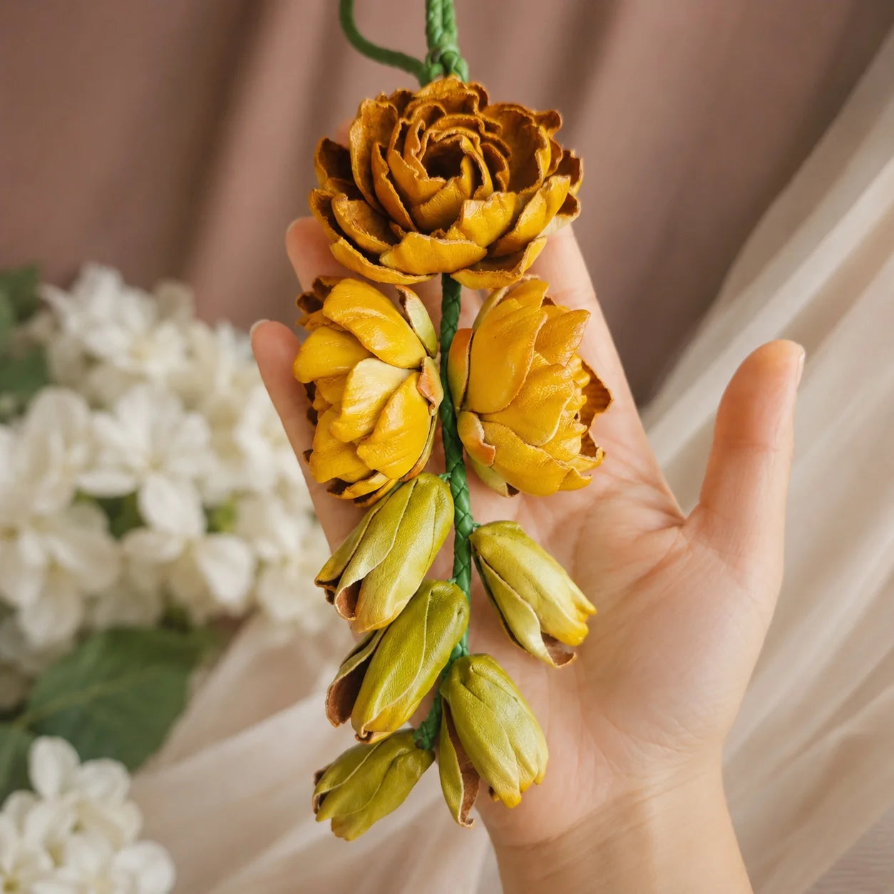 Moonlit Tuberose Leather Floral Bag Charm – Handmade Sculpted Leather Flower Pendant | Premium Handbag & Necklace Accessory