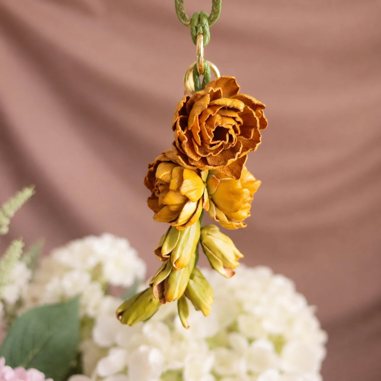 Moonlit Tuberose Leather Floral Bag Charm – Handmade Sculpted Leather Flower Pendant | Premium Handbag & Necklace Accessory