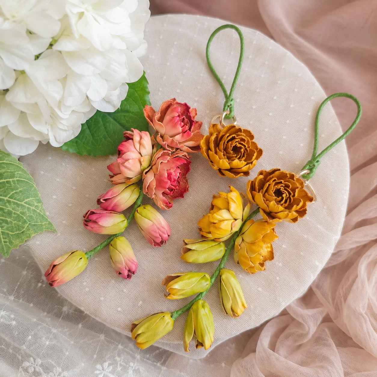 Moonlit Tuberose Leather Floral Bag Charm – Handmade Sculpted Leather Flower Pendant | Premium Handbag & Necklace Accessory