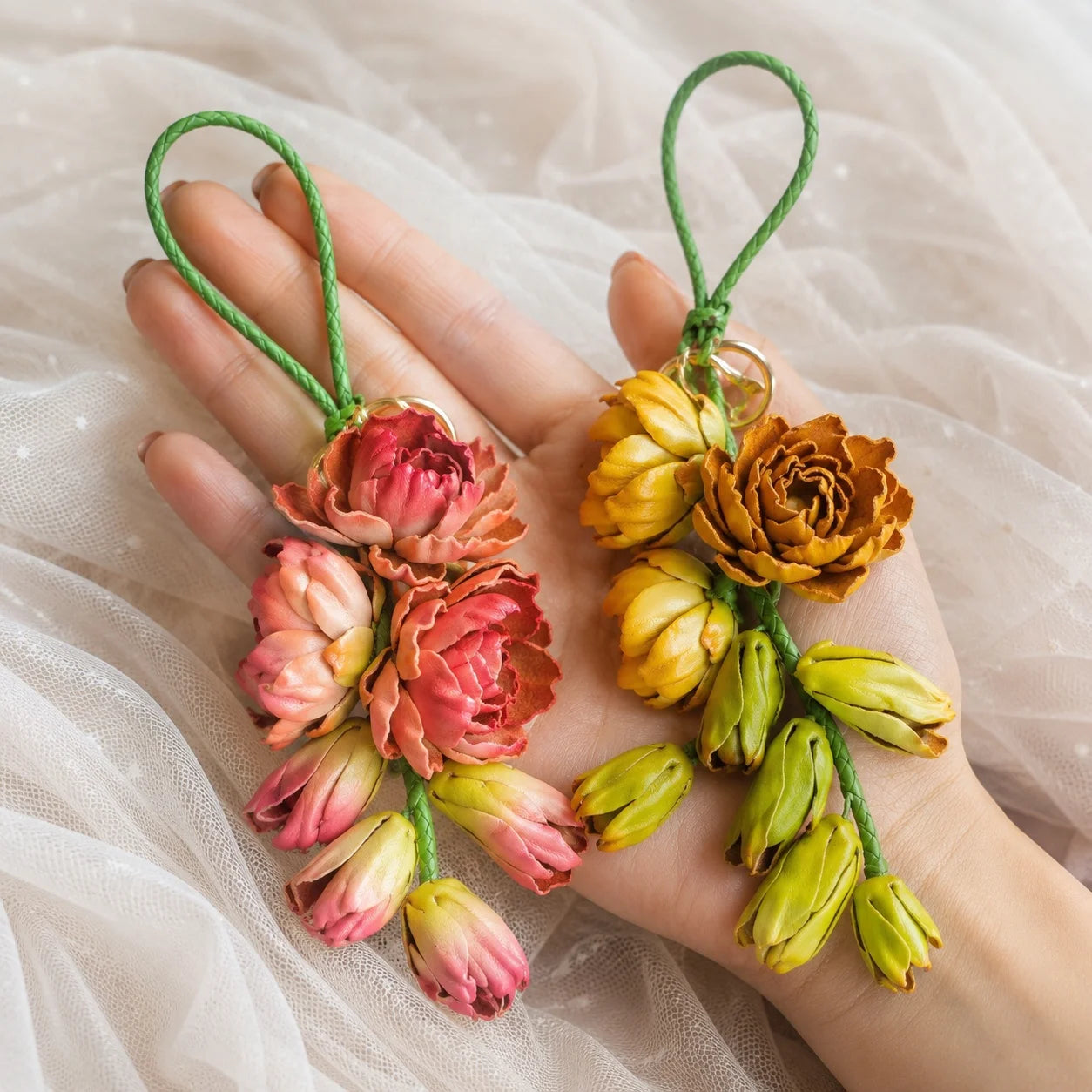 Moonlit Tuberose Leather Floral Bag Charm – Handmade Sculpted Leather Flower Pendant | Premium Handbag & Necklace Accessory