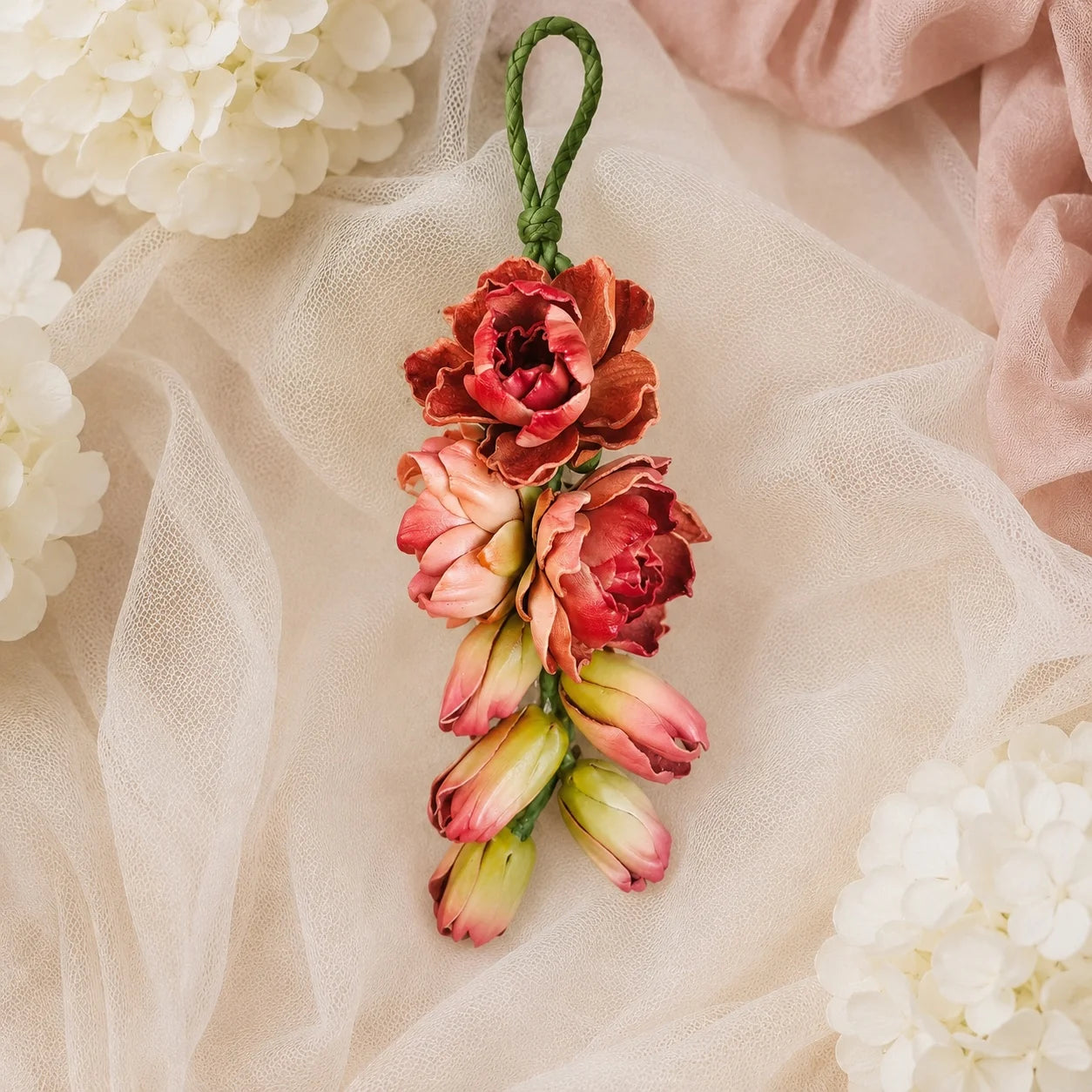 Moonlit Tuberose Leather Floral Bag Charm – Handmade Sculpted Leather Flower Pendant | Premium Handbag & Necklace Accessory