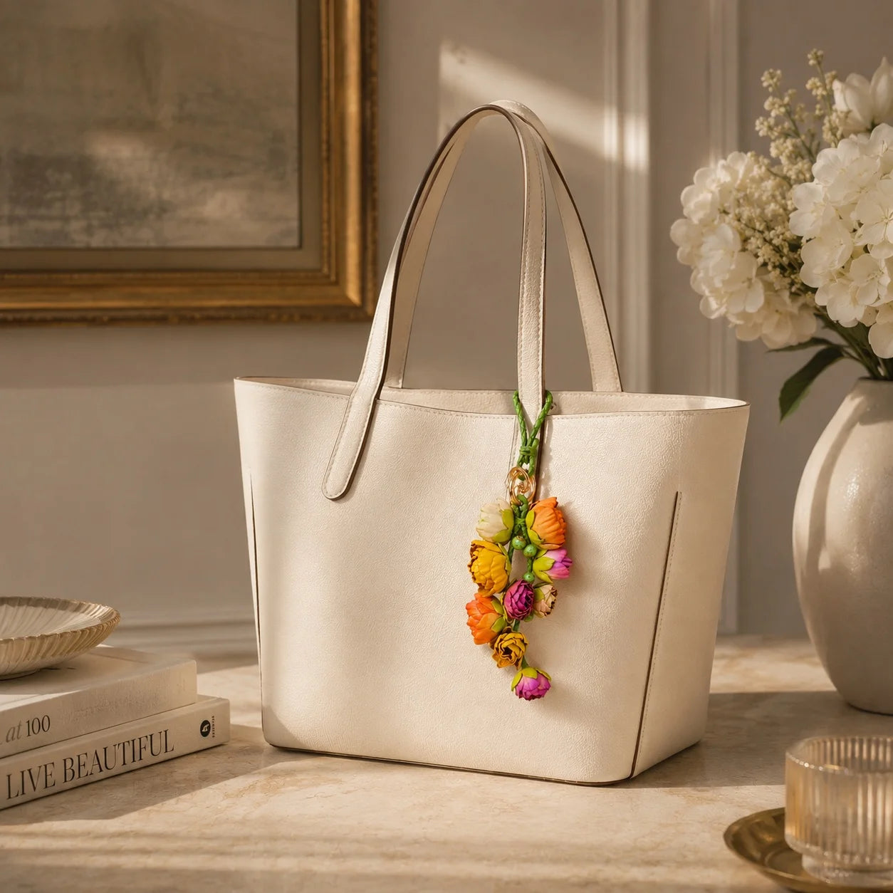 Moonlit Tuberose Leather Floral Bag Charm – Handmade Sculpted Leather Flower Pendant | Premium Handbag & Necklace Accessory