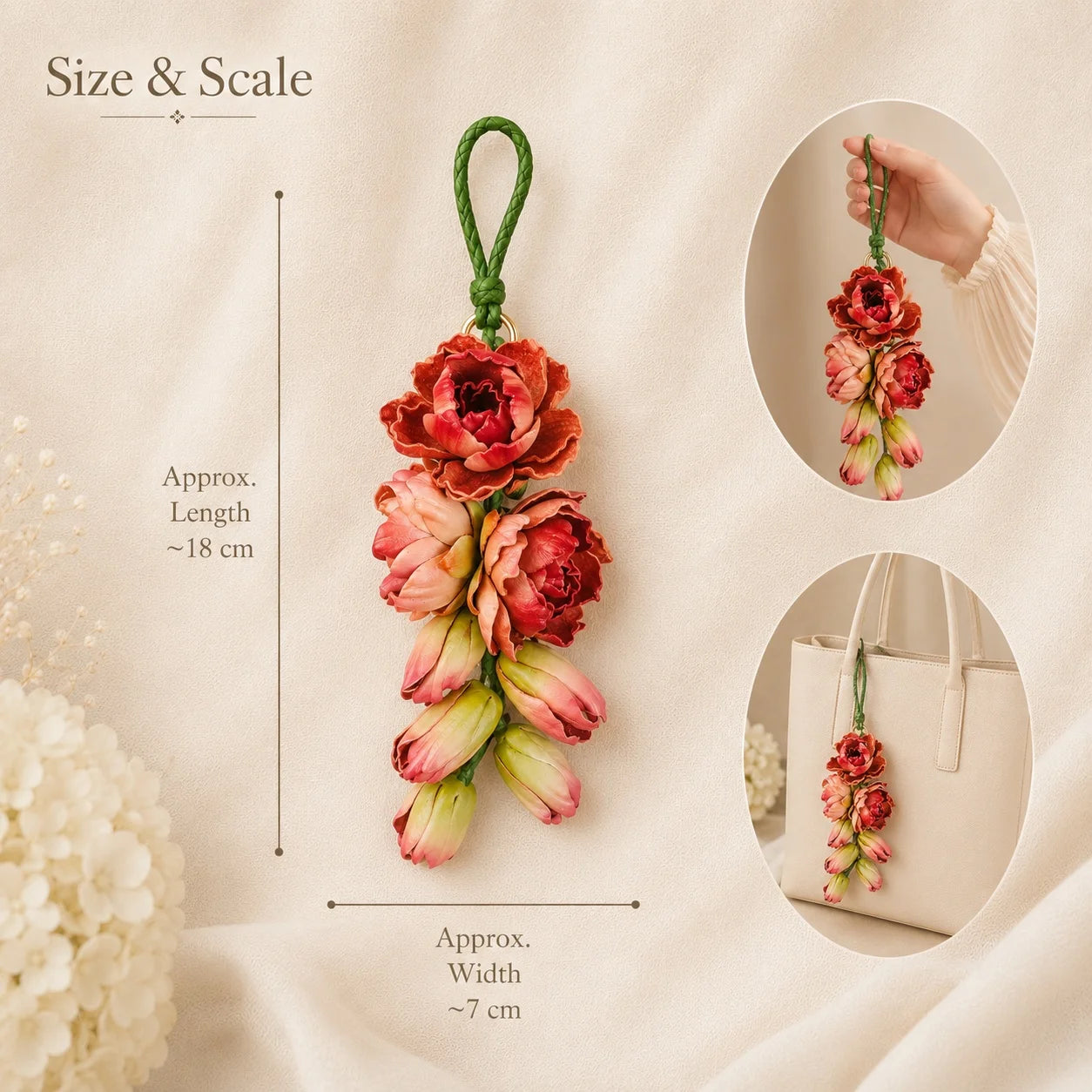 Moonlit Tuberose Leather Floral Bag Charm – Handmade Sculpted Leather Flower Pendant | Premium Handbag & Necklace Accessory