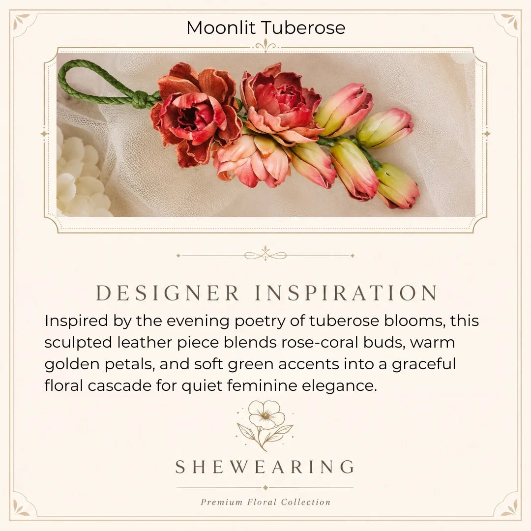 Moonlit Tuberose Leather Floral Bag Charm – Handmade Sculpted Leather Flower Pendant | Premium Handbag & Necklace Accessory