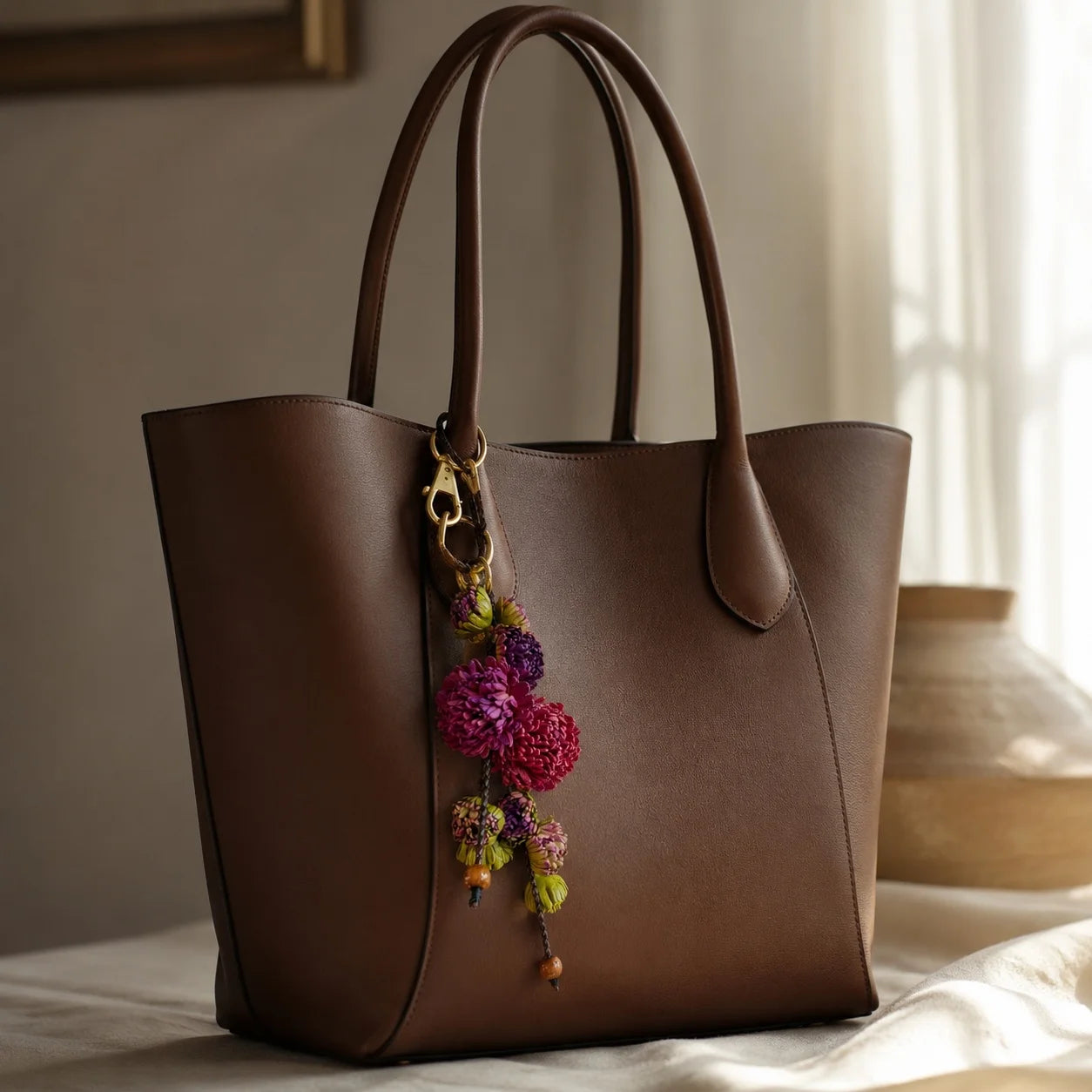 Vineyard Bloom Leather Floral Bag Charm – Handmade Sculpted Leather Flower Pendant | Premium Handbag & Necklace Accessory