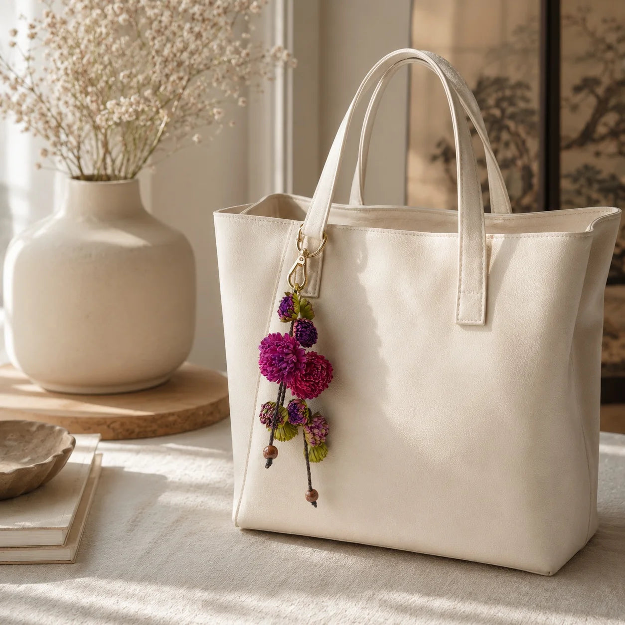 Vineyard Bloom Leather Floral Bag Charm – Handmade Sculpted Leather Flower Pendant | Premium Handbag & Necklace Accessory