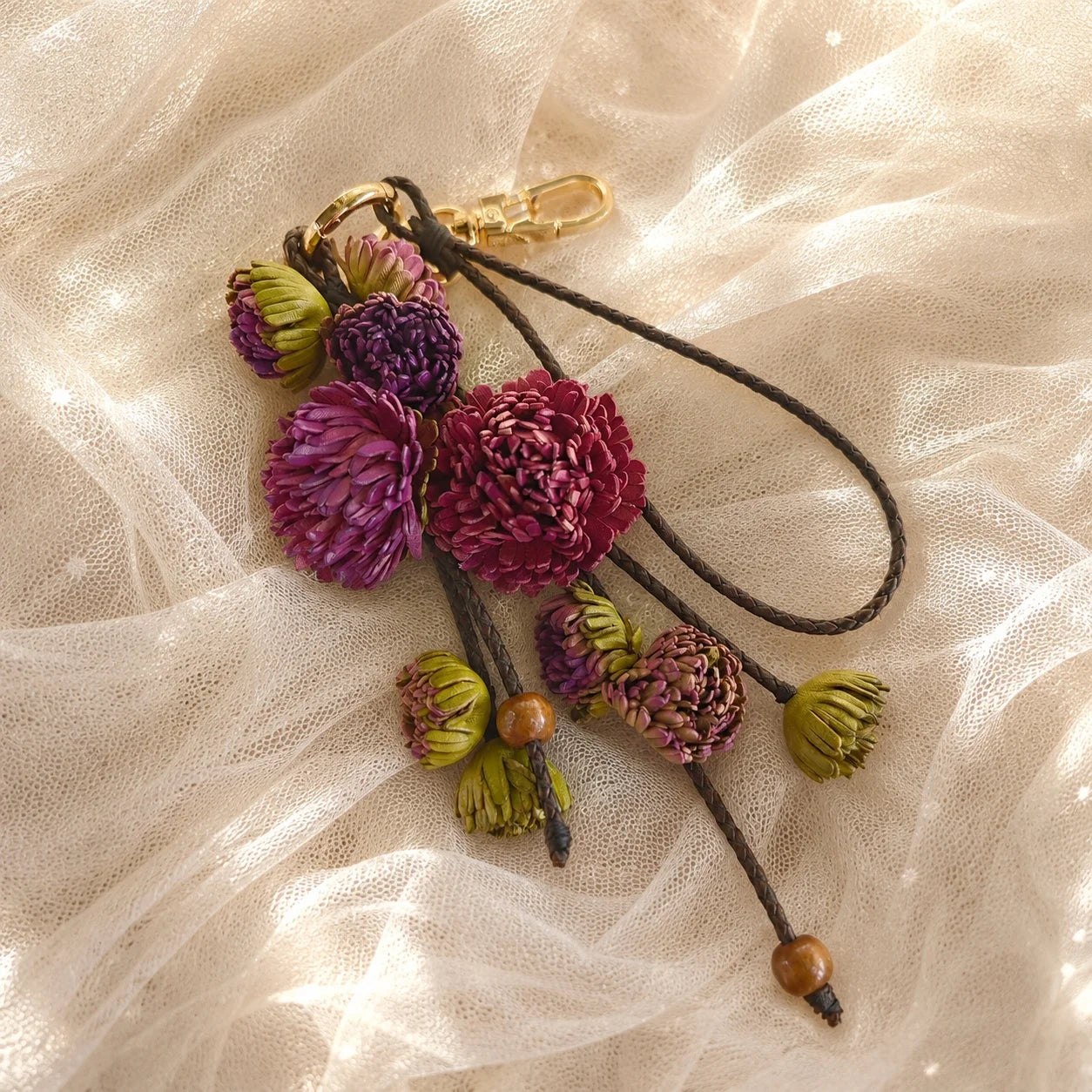 Vineyard Bloom Leather Floral Bag Charm – Handmade Sculpted Leather Flower Pendant | Premium Handbag & Necklace Accessory