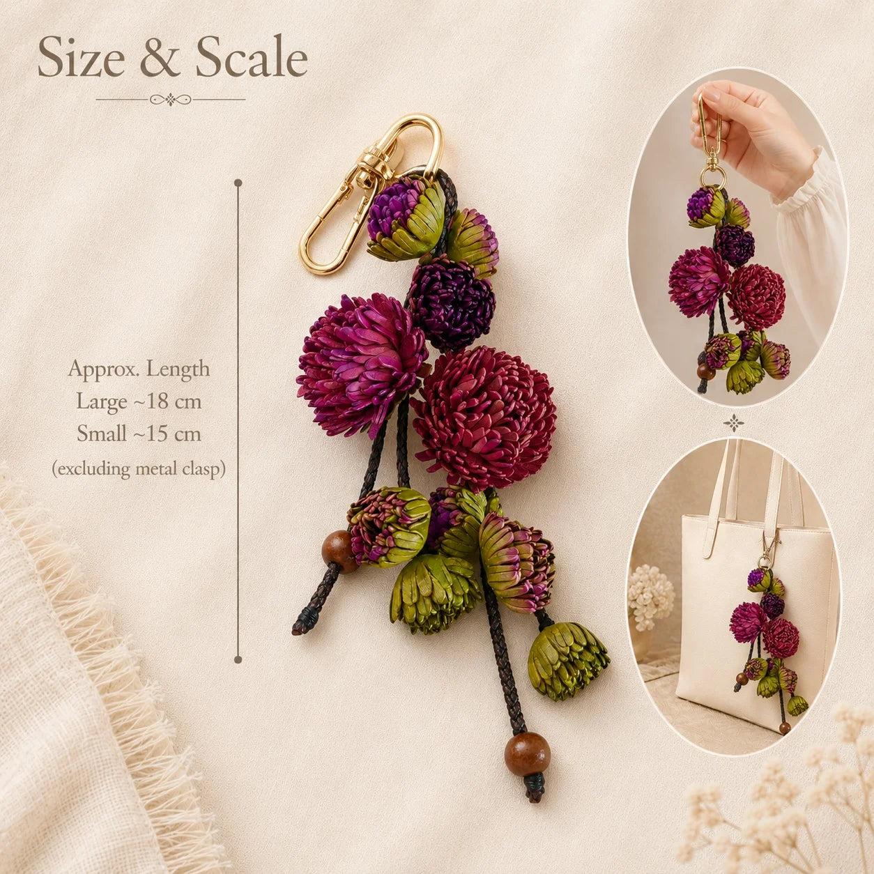 Vineyard Bloom Leather Floral Bag Charm – Handmade Sculpted Leather Flower Pendant | Premium Handbag & Necklace Accessory