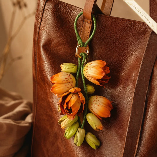 Amber Lily Cascade Leather Floral Bag Charm – Handmade Sculpted Leather Lily Pendant | Premium Handbag & Necklace Accessory