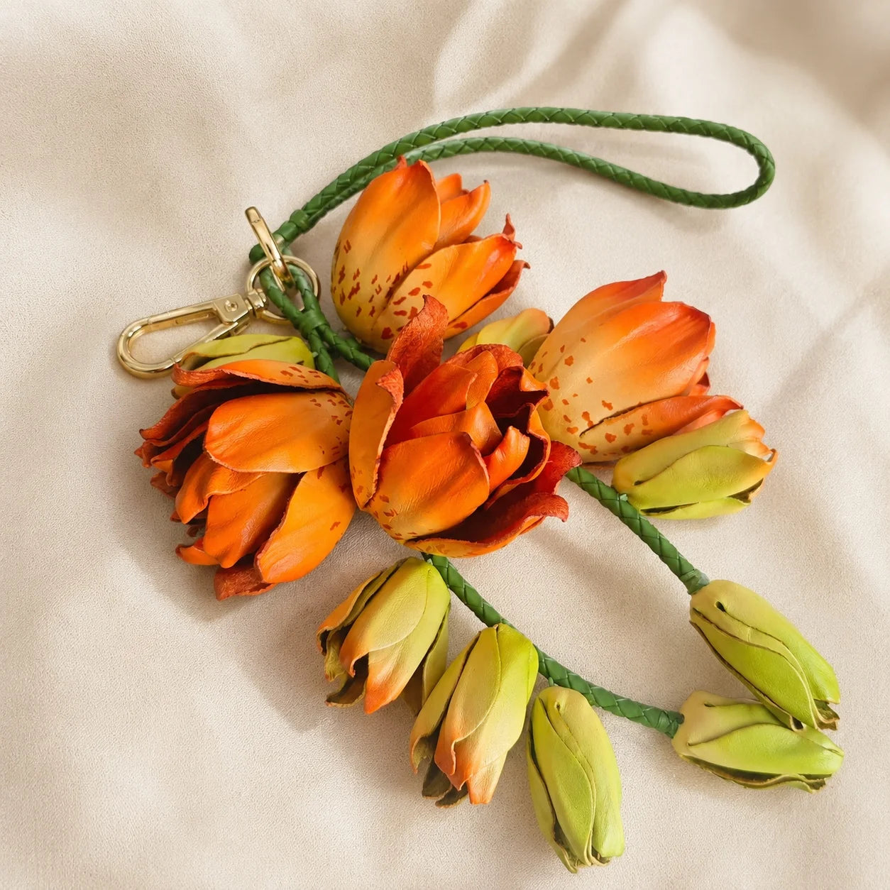 Amber Lily Cascade Leather Floral Bag Charm – Handmade Sculpted Leather Lily Pendant | Premium Handbag & Necklace Accessory