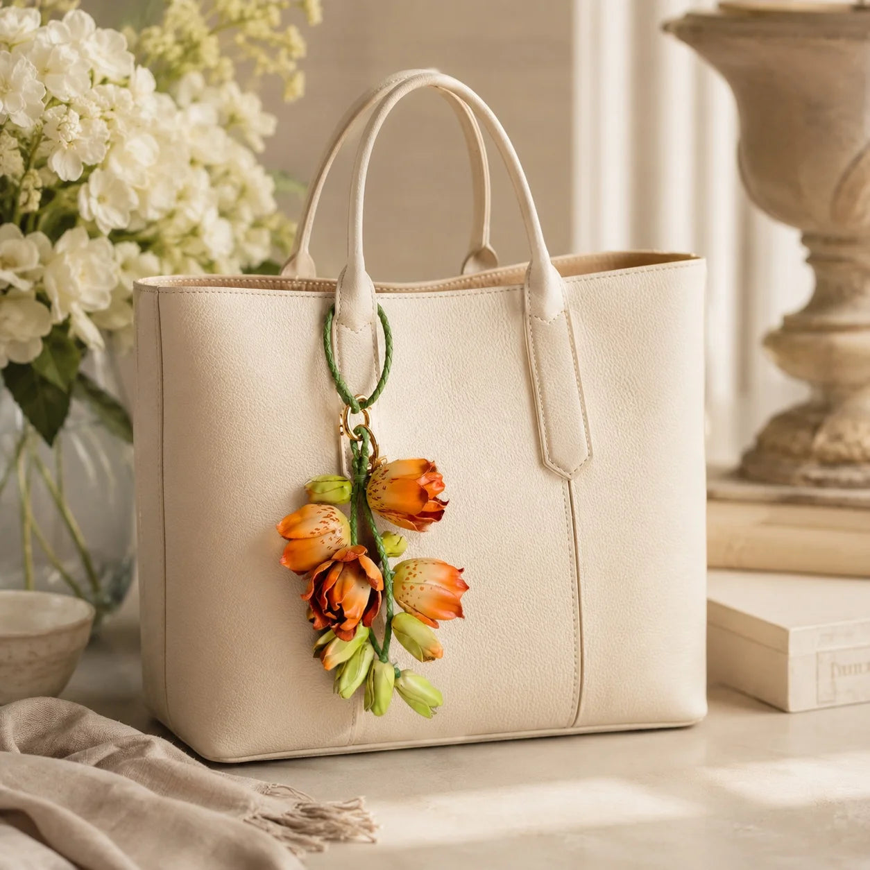 Amber Lily Cascade Leather Floral Bag Charm – Handmade Sculpted Leather Lily Pendant | Premium Handbag & Necklace Accessory