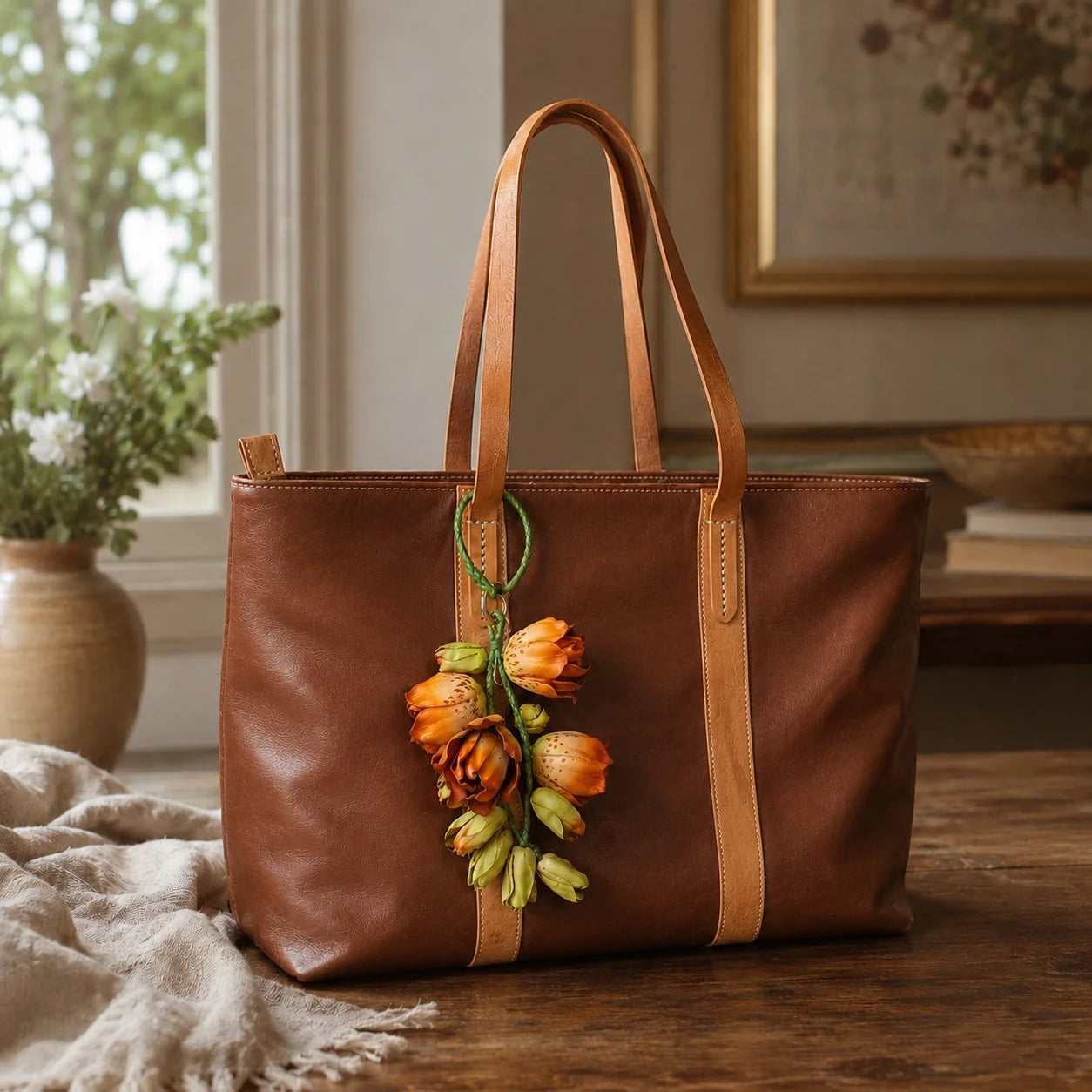 Amber Lily Cascade Leather Floral Bag Charm – Handmade Sculpted Leather Lily Pendant | Premium Handbag & Necklace Accessory