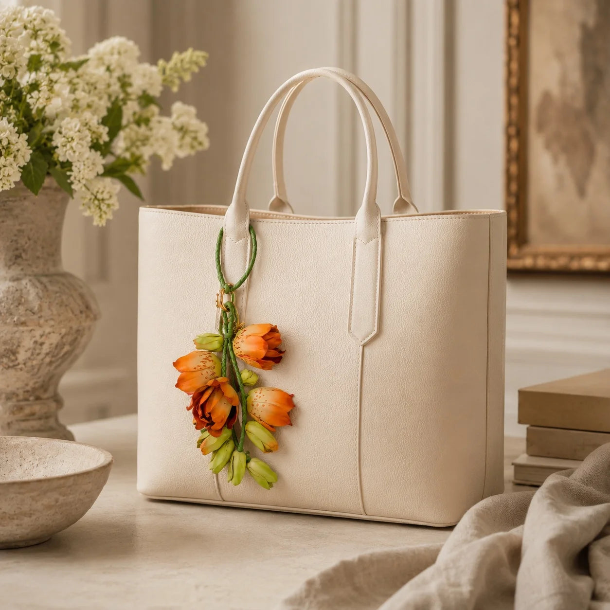 Amber Lily Cascade Leather Floral Bag Charm – Handmade Sculpted Leather Lily Pendant | Premium Handbag & Necklace Accessory