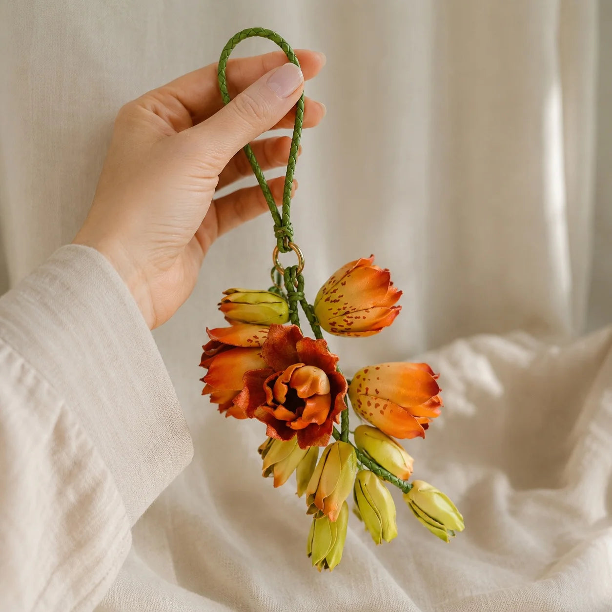 Amber Lily Cascade Leather Floral Bag Charm – Handmade Sculpted Leather Lily Pendant | Premium Handbag & Necklace Accessory