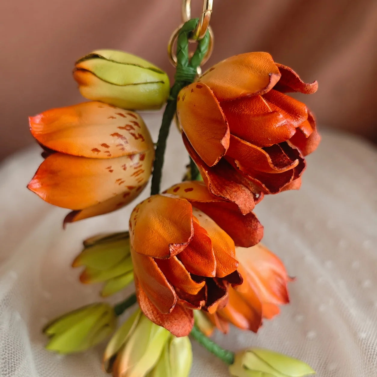 Amber Lily Cascade Leather Floral Bag Charm – Handmade Sculpted Leather Lily Pendant | Premium Handbag & Necklace Accessory