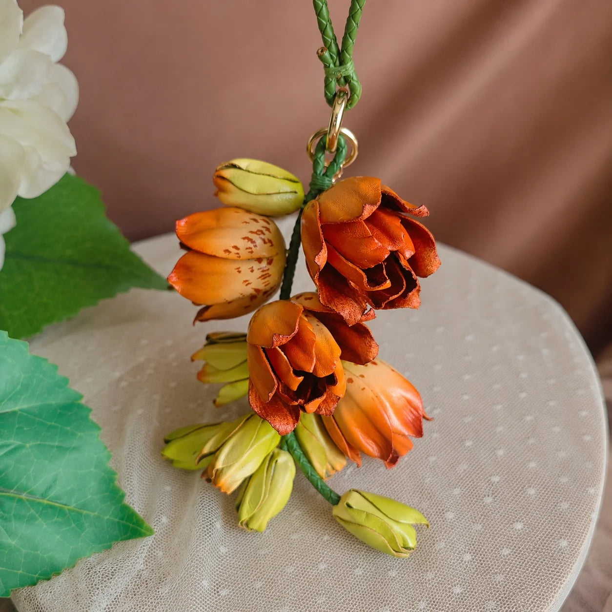 Amber Lily Cascade Leather Floral Bag Charm – Handmade Sculpted Leather Lily Pendant | Premium Handbag & Necklace Accessory
