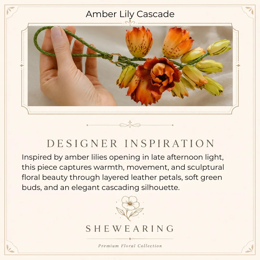 Amber Lily Cascade Leather Floral Bag Charm – Handmade Sculpted Leather Lily Pendant | Premium Handbag & Necklace Accessory