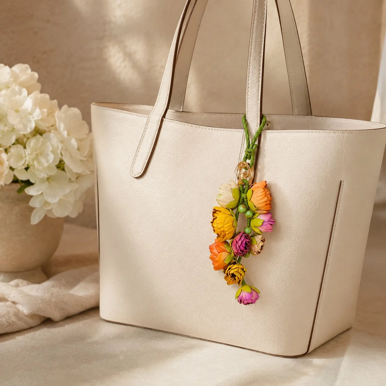Primavera Bloom Cascade Leather Floral Bag Charm – Handmade Sculpted Leather Flower Pendant | Premium Handbag & Necklace Accessory
