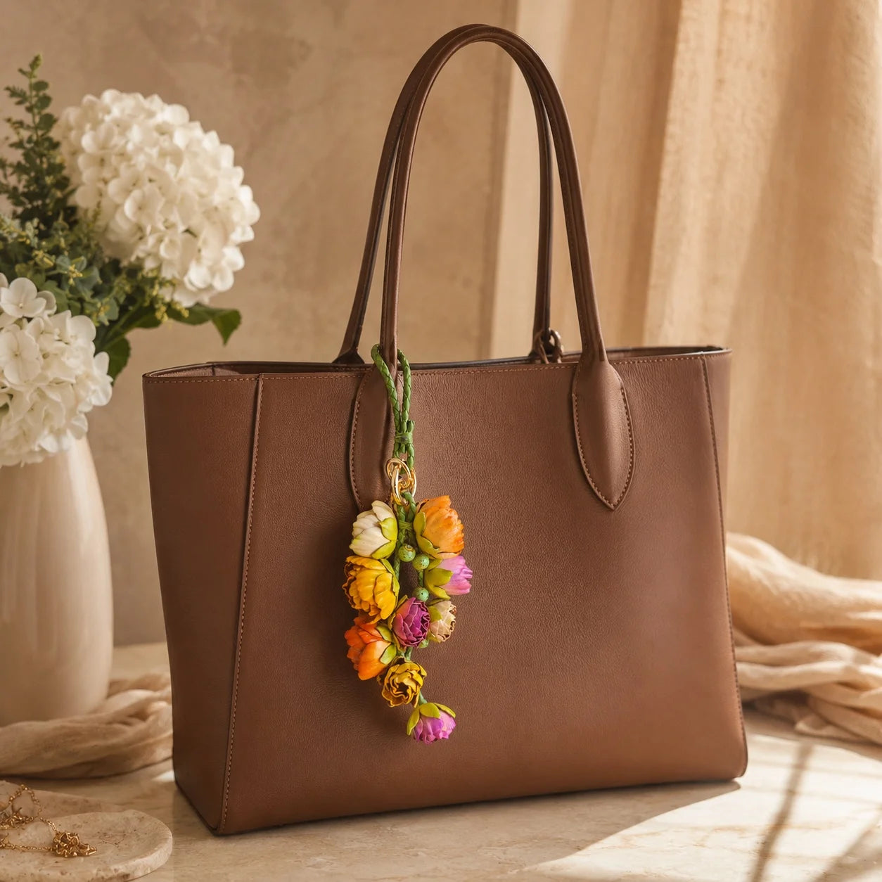 Primavera Bloom Cascade Leather Floral Bag Charm – Handmade Sculpted Leather Flower Pendant | Premium Handbag & Necklace Accessory