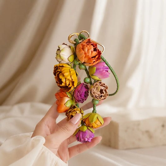 Primavera Bloom Cascade Leather Floral Bag Charm – Handmade Sculpted Leather Flower Pendant | Premium Handbag & Necklace Accessory