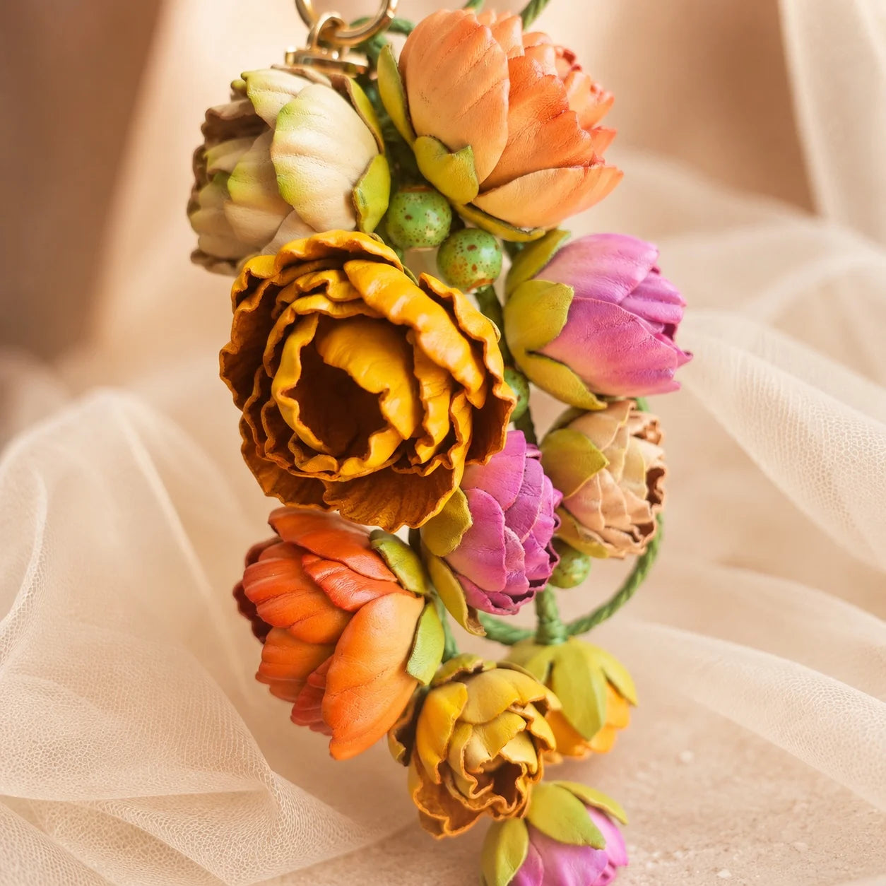 Primavera Bloom Cascade Leather Floral Bag Charm – Handmade Sculpted Leather Flower Pendant | Premium Handbag & Necklace Accessory