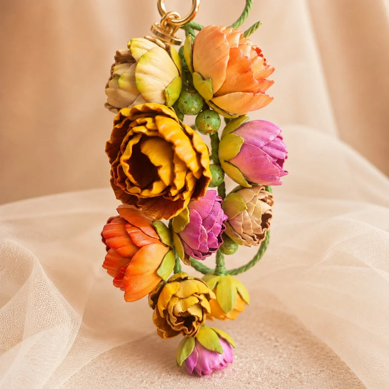 Primavera Bloom Cascade Leather Floral Bag Charm – Handmade Sculpted Leather Flower Pendant | Premium Handbag & Necklace Accessory