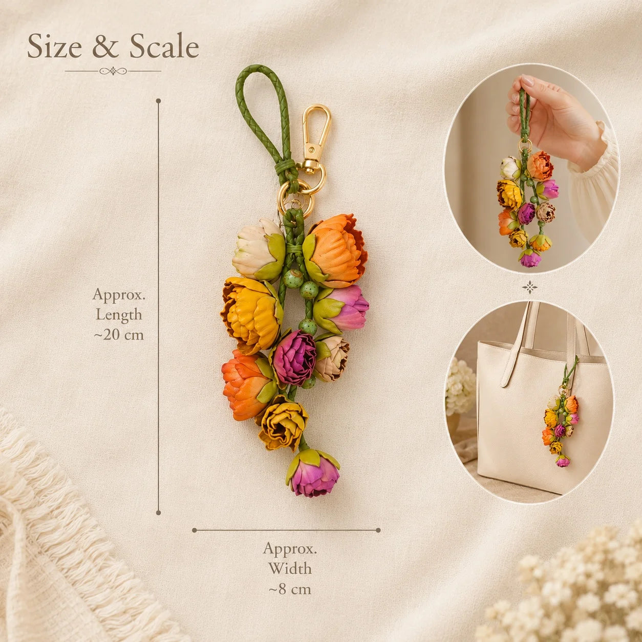 Primavera Bloom Cascade Leather Floral Bag Charm – Handmade Sculpted Leather Flower Pendant | Premium Handbag & Necklace Accessory