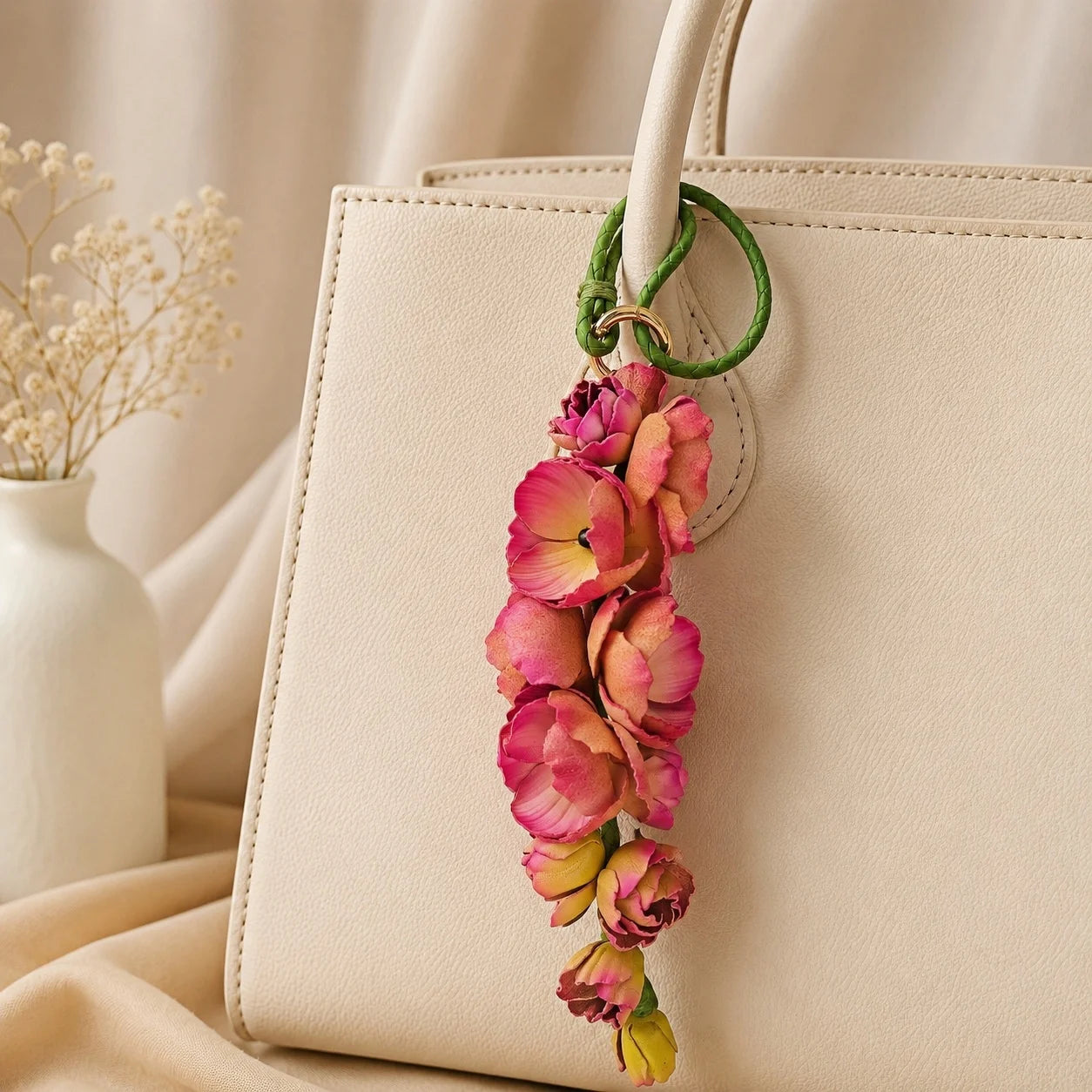 Blush Larkspur Cascade Leather Bag Charm | Handmade Floral Handbag Charm, Keychain & Necklace Pendant