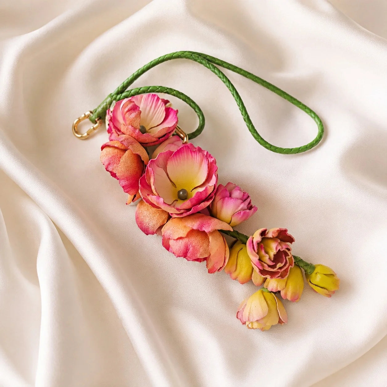 Blush Larkspur Cascade Leather Bag Charm | Handmade Floral Handbag Charm, Keychain & Necklace Pendant