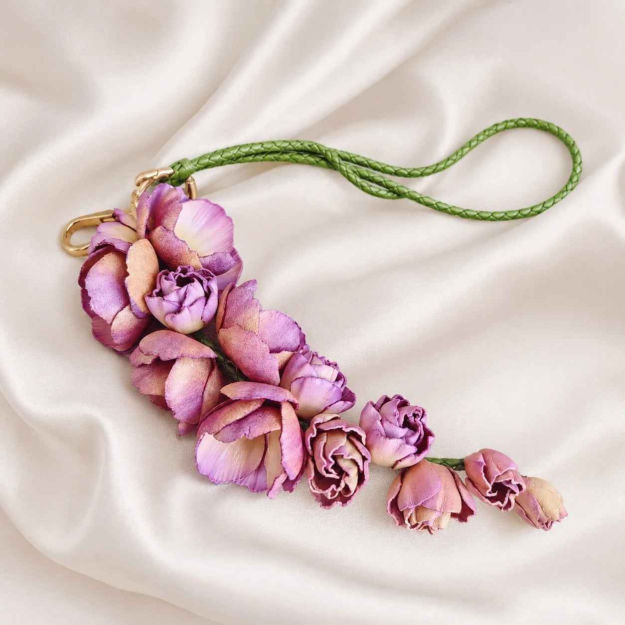 Blush Larkspur Cascade Leather Bag Charm | Handmade Floral Handbag Charm, Keychain & Necklace Pendant