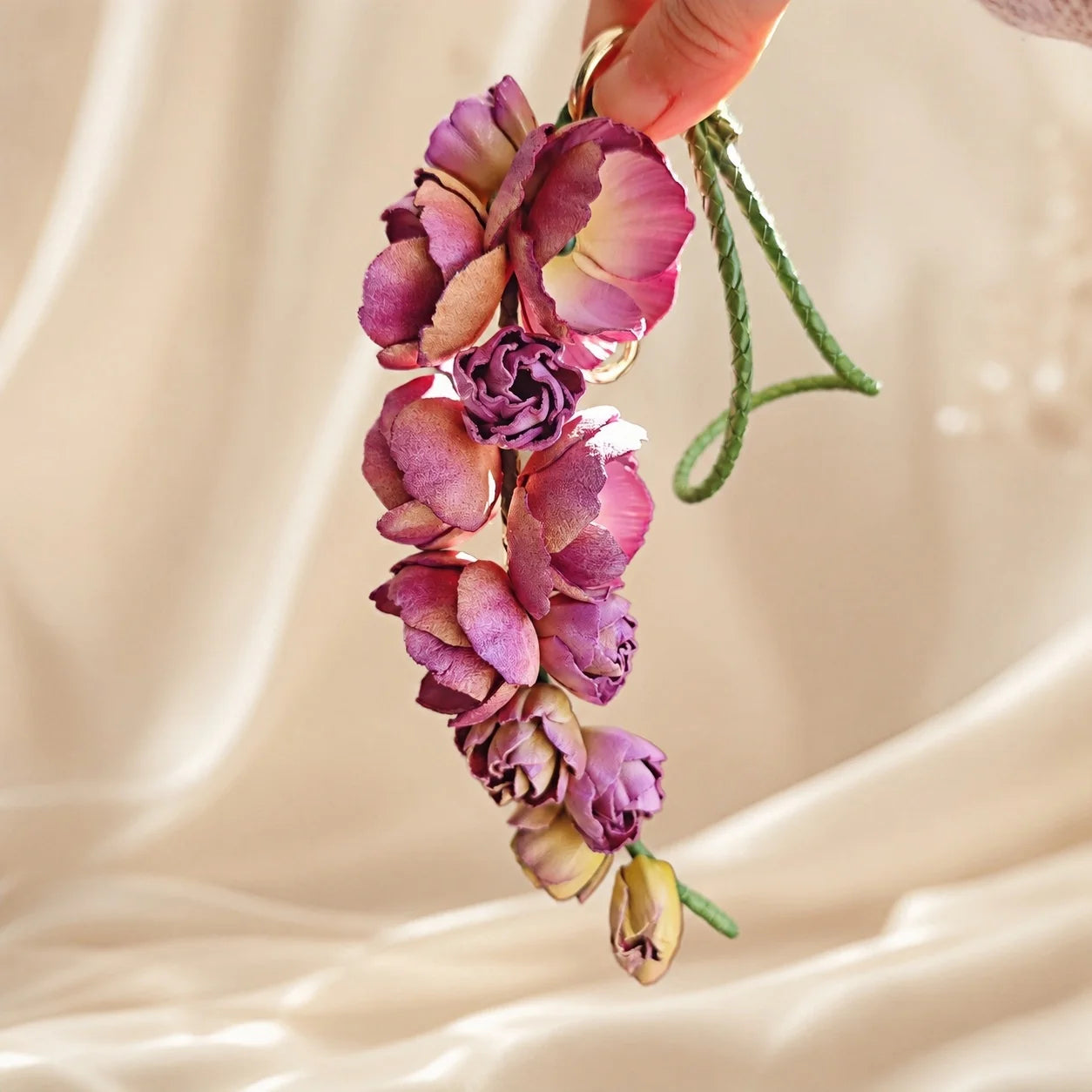 Blush Larkspur Cascade Leather Bag Charm | Handmade Floral Handbag Charm, Keychain & Necklace Pendant